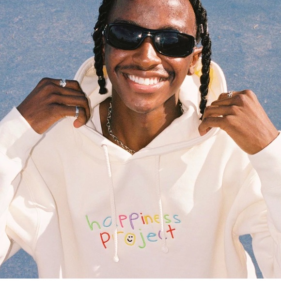The Happiness Project Embroidered Hoodie Size Small White Smiley Kind Sweatshirt - Picture 1 of 15